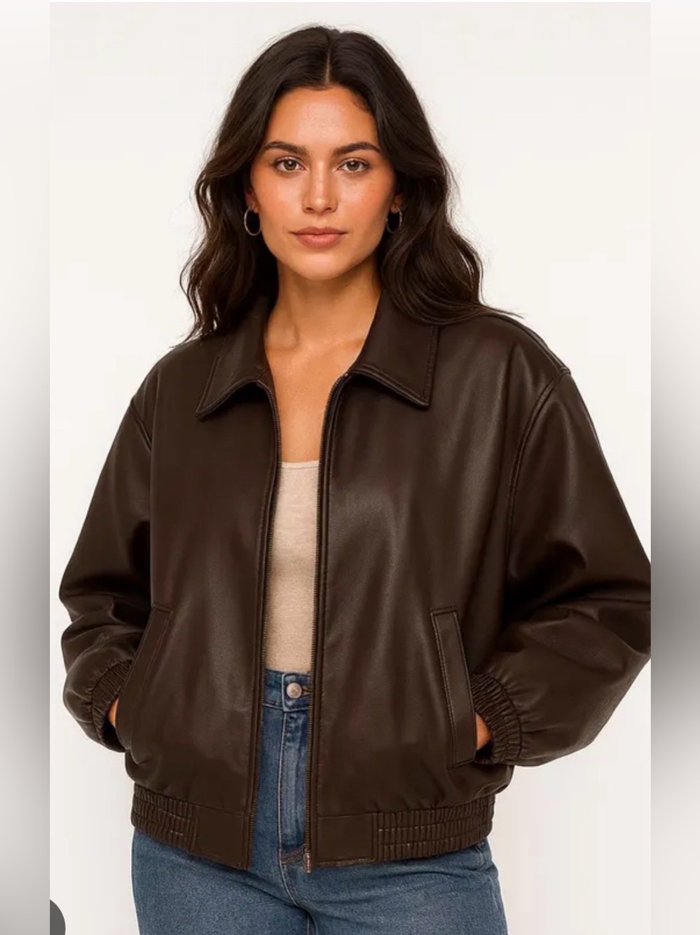 Oversized Brown Leather Bomber Jacket,
Womens 90s Retro Style Vegan Size: XS